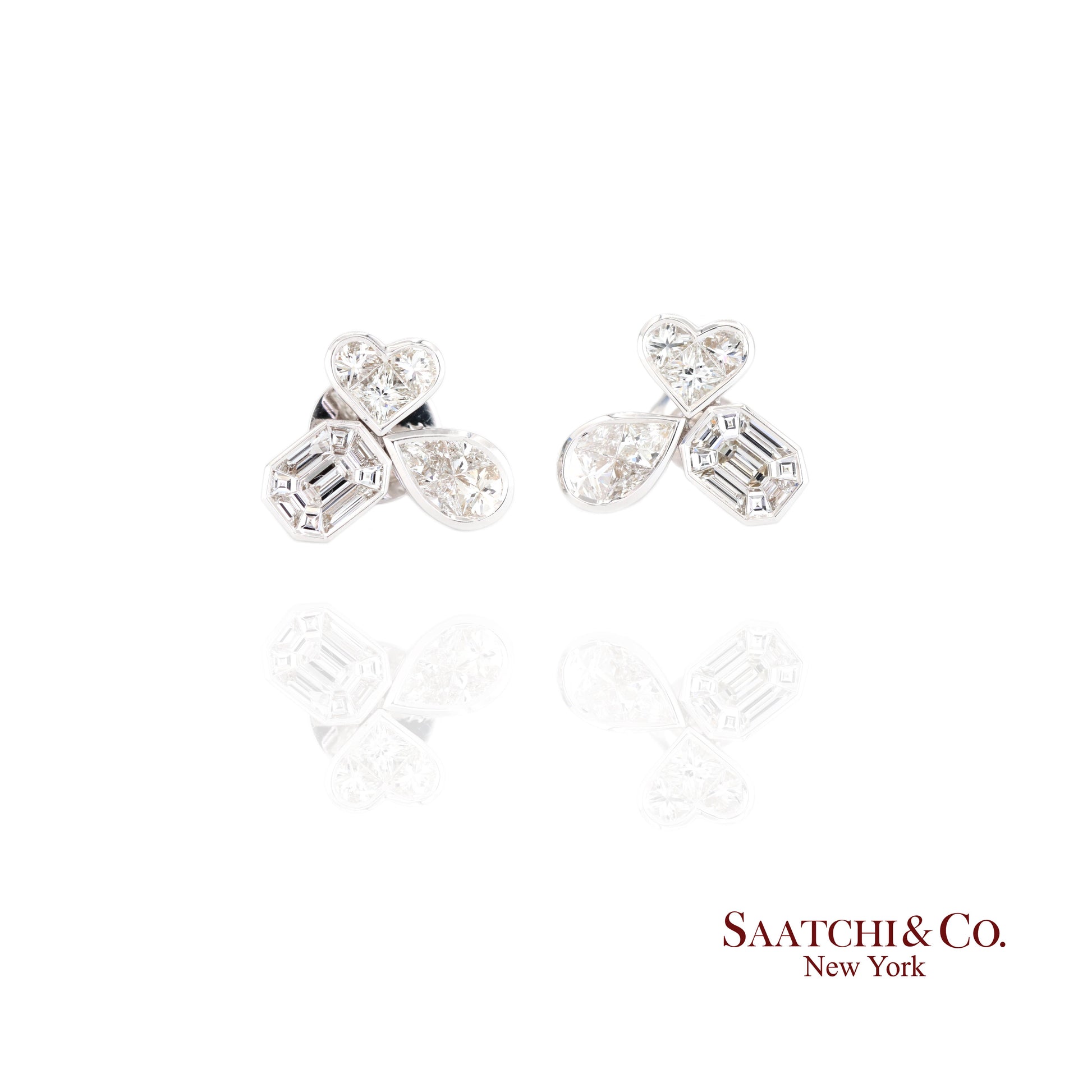 18K white gold Pie cut Pear and Emerald shape natural diamond Earring