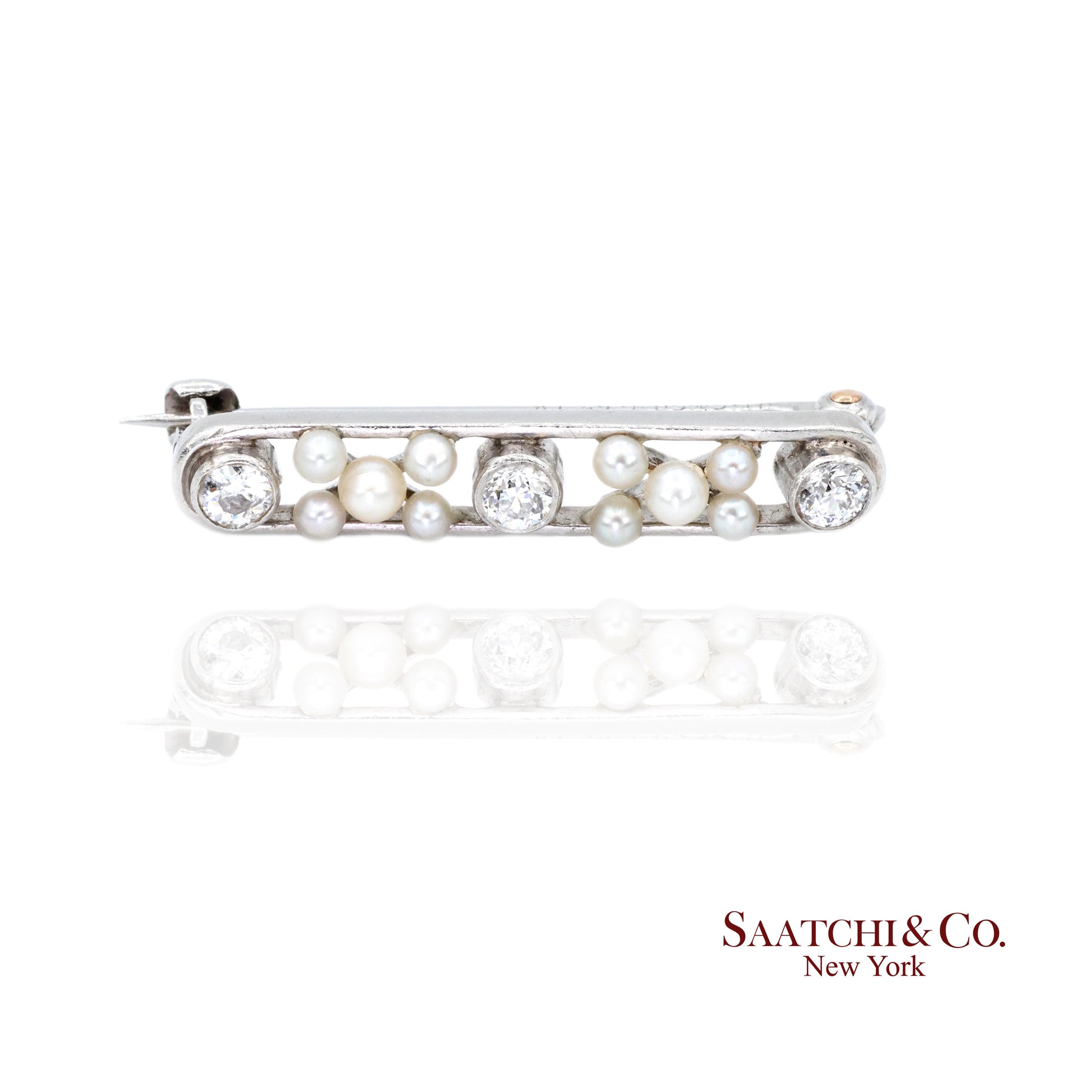 Platinum 950 Natural Round Pearl and Natural Diamond Brooch / Pin