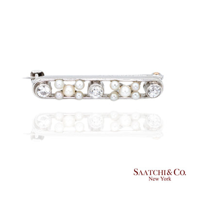 Platinum 950 Natural Round Pearl and Natural Diamond Brooch / Pin