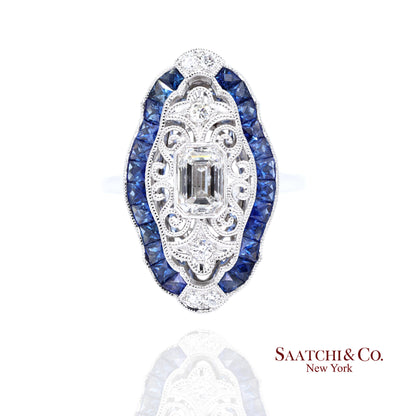 Elegant 18K White Gold Natural Diamond and Blue Sapphire Ring
