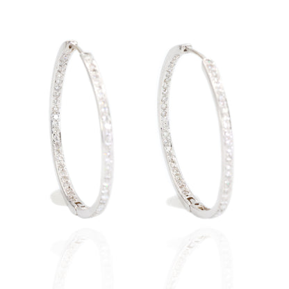 18K White Gold Natural Diamond Hoop Earrings In and Out Diamond