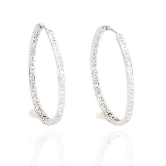 18K White Gold Natural Diamond Hoop Earrings In and Out Diamond