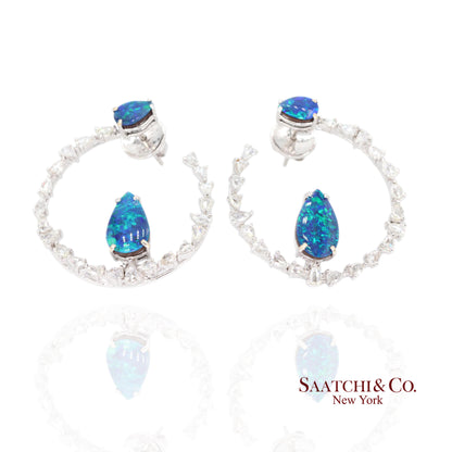 18K (750) White Gold Natural Diamond and Natural Opal Earring
