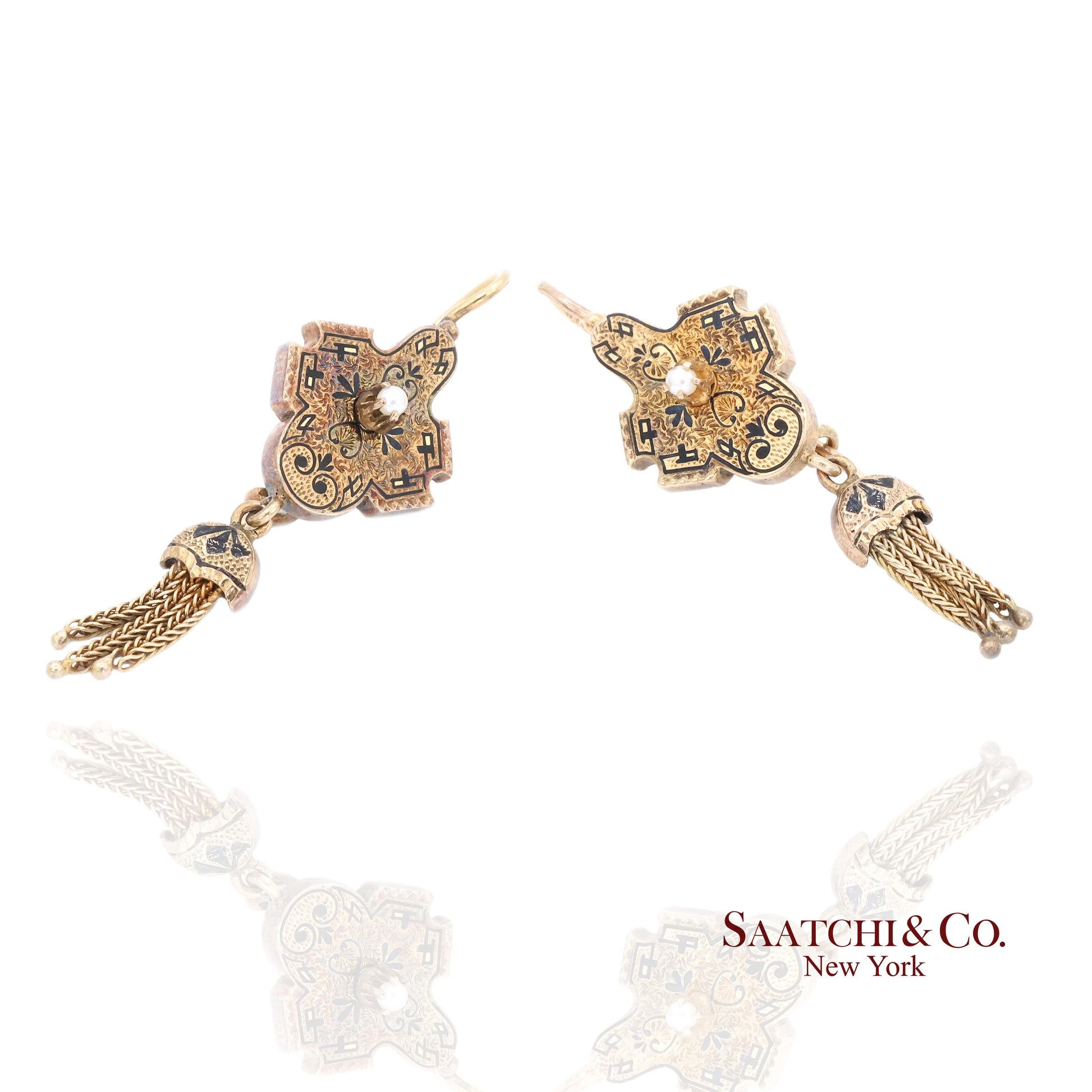 14K Yellow Gold Pearl Enamel Dangling Earring
