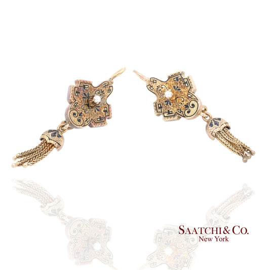 14K Yellow Gold Pearl Enamel Dangling Earring