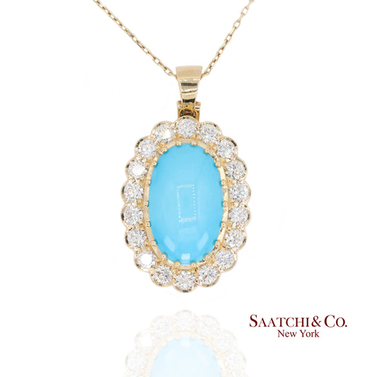 18k Persian Turquoise and Diamond Pendant Womens Yellow Gold Oval Cabochon