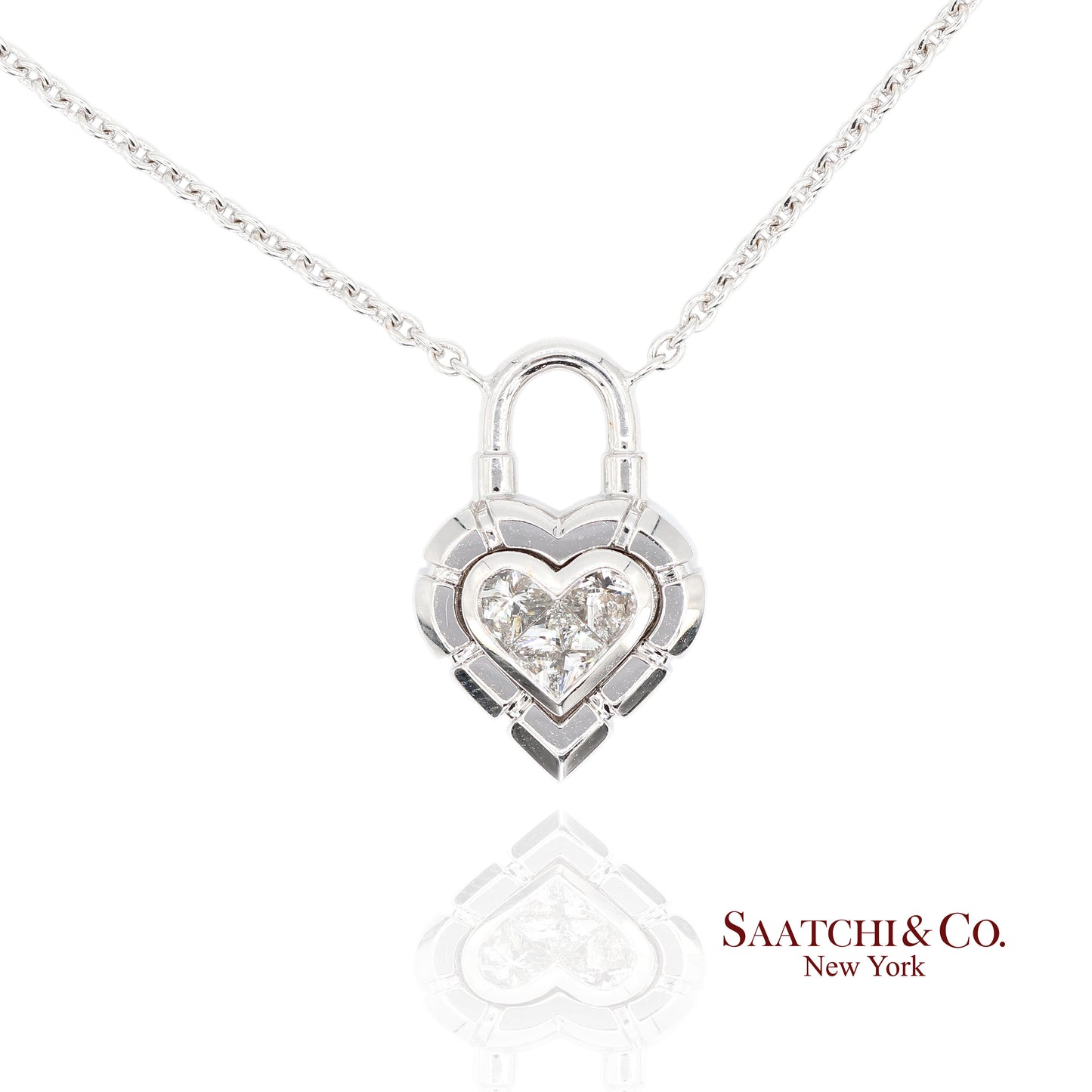 18K White Gold Pie Cut Heart Shape Pendant Necklace with Chain