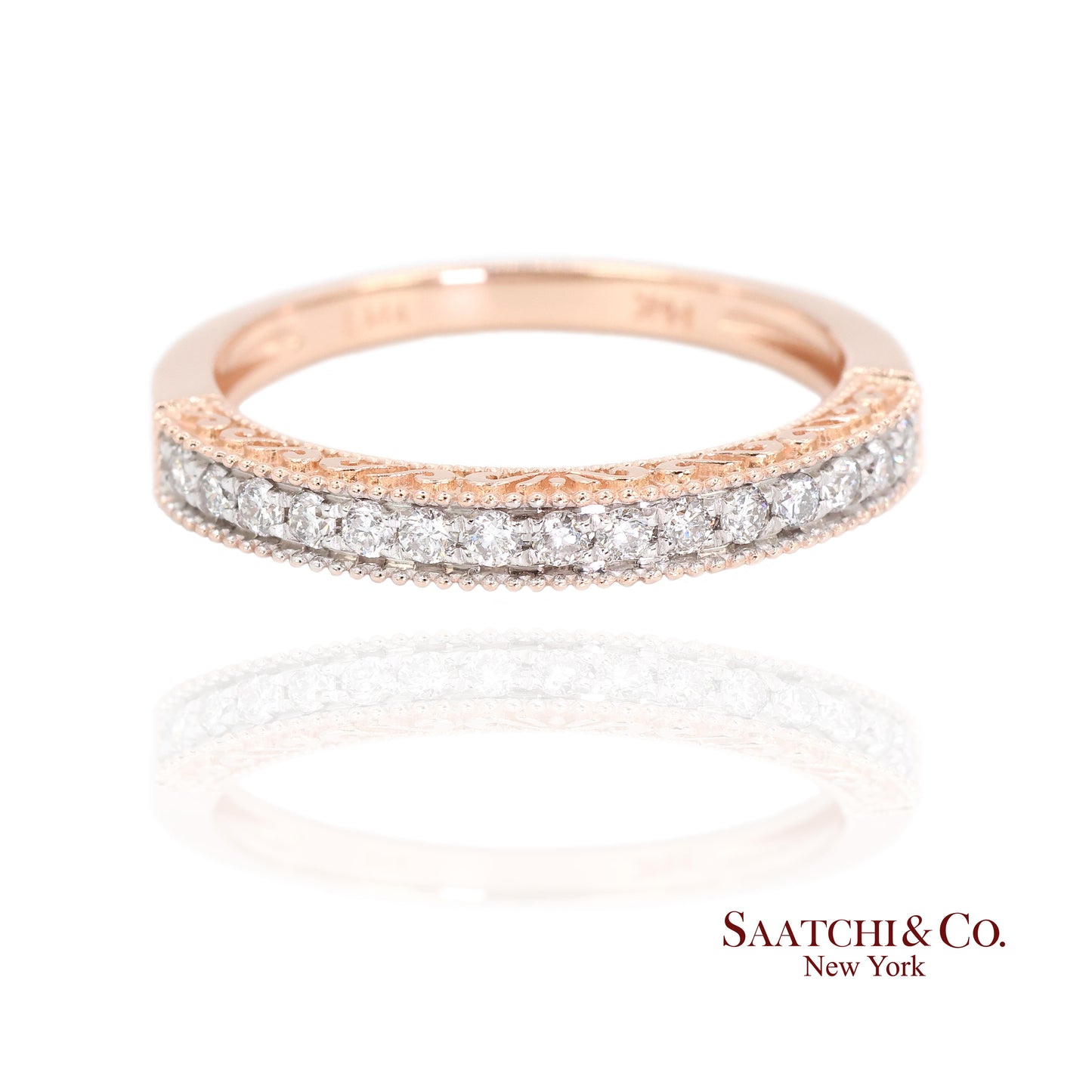 14K (585) Rose Gold Natural Diamond Engraved Band Ring