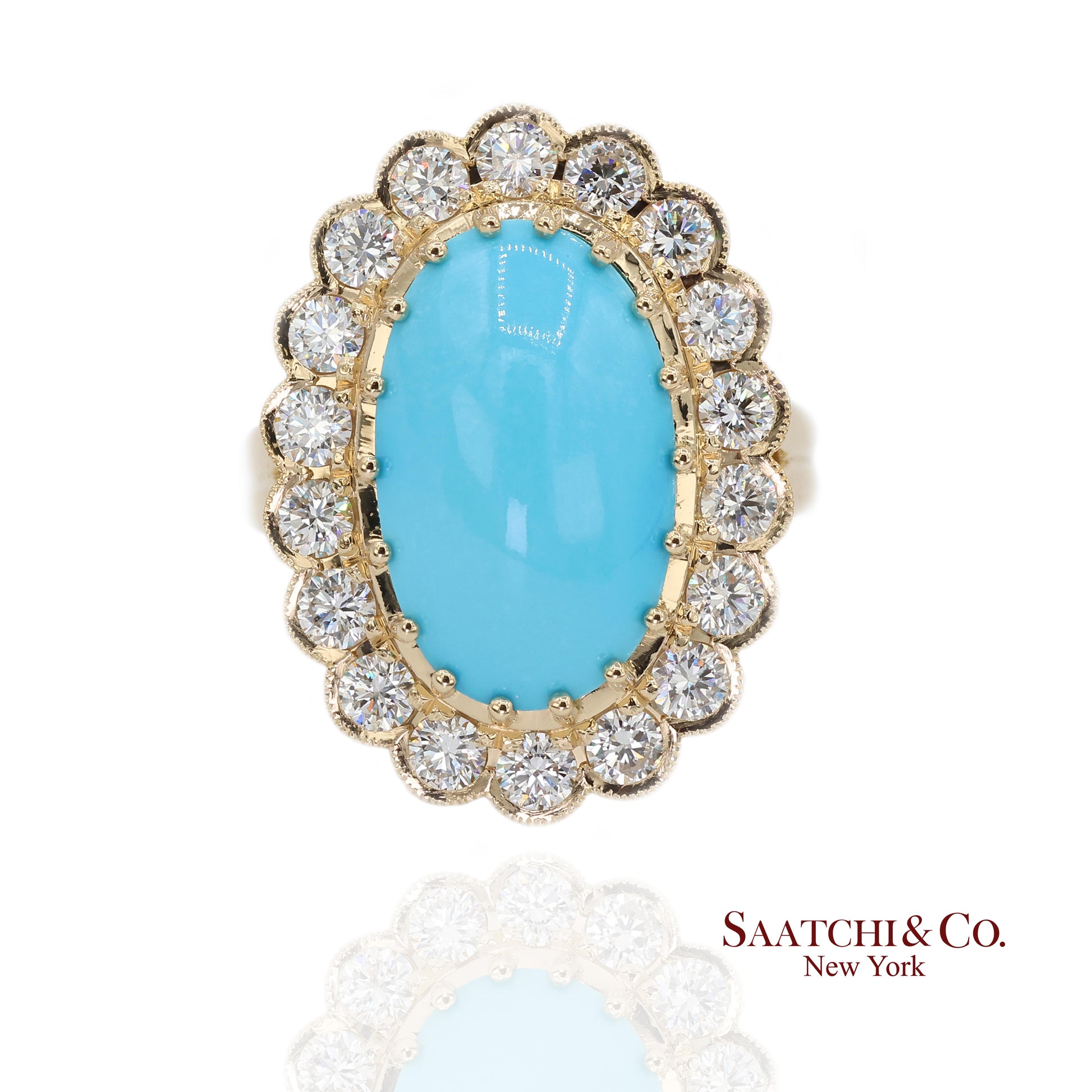 Persian Turquoise Diamond Ring Women Size 7 18K Yellow Gold Glam Luxe