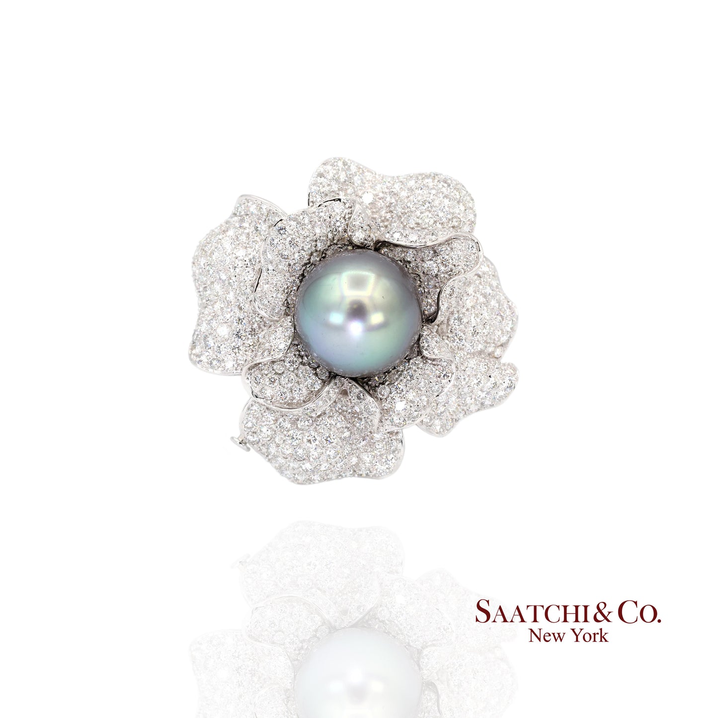 18K(750) White Natural Diamond and Black Pearl Brooch/Pin/Pendant/Necklace