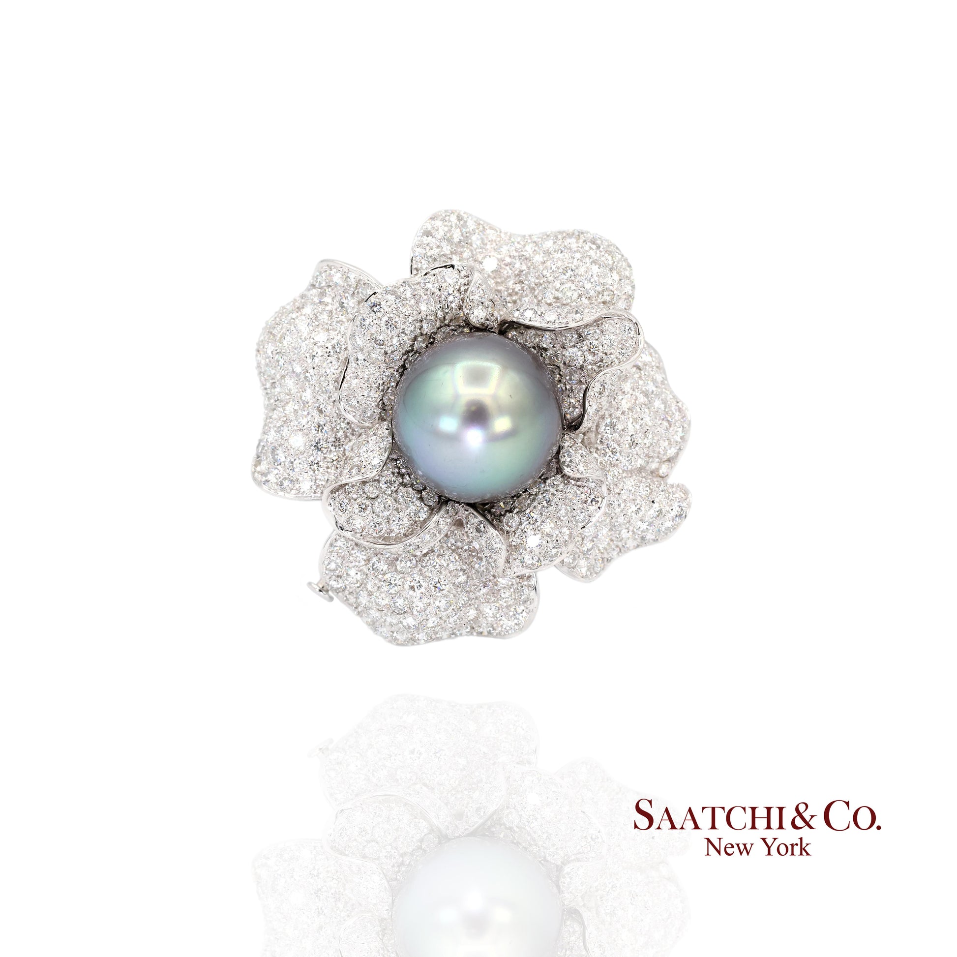 18K(750) White Natural Diamond and Black Pearl Brooch/Pin/Pendant/Necklace