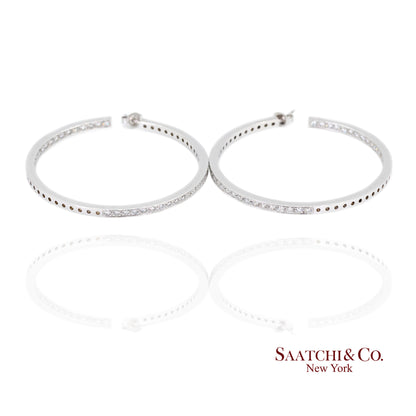 18K(750) Solid White Gold Natural Diamond Hoop Earrings In and Out Diamond