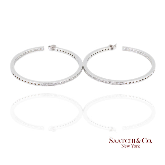 18K(750) Solid White Gold Natural Diamond Hoop Earrings In and Out Diamond
