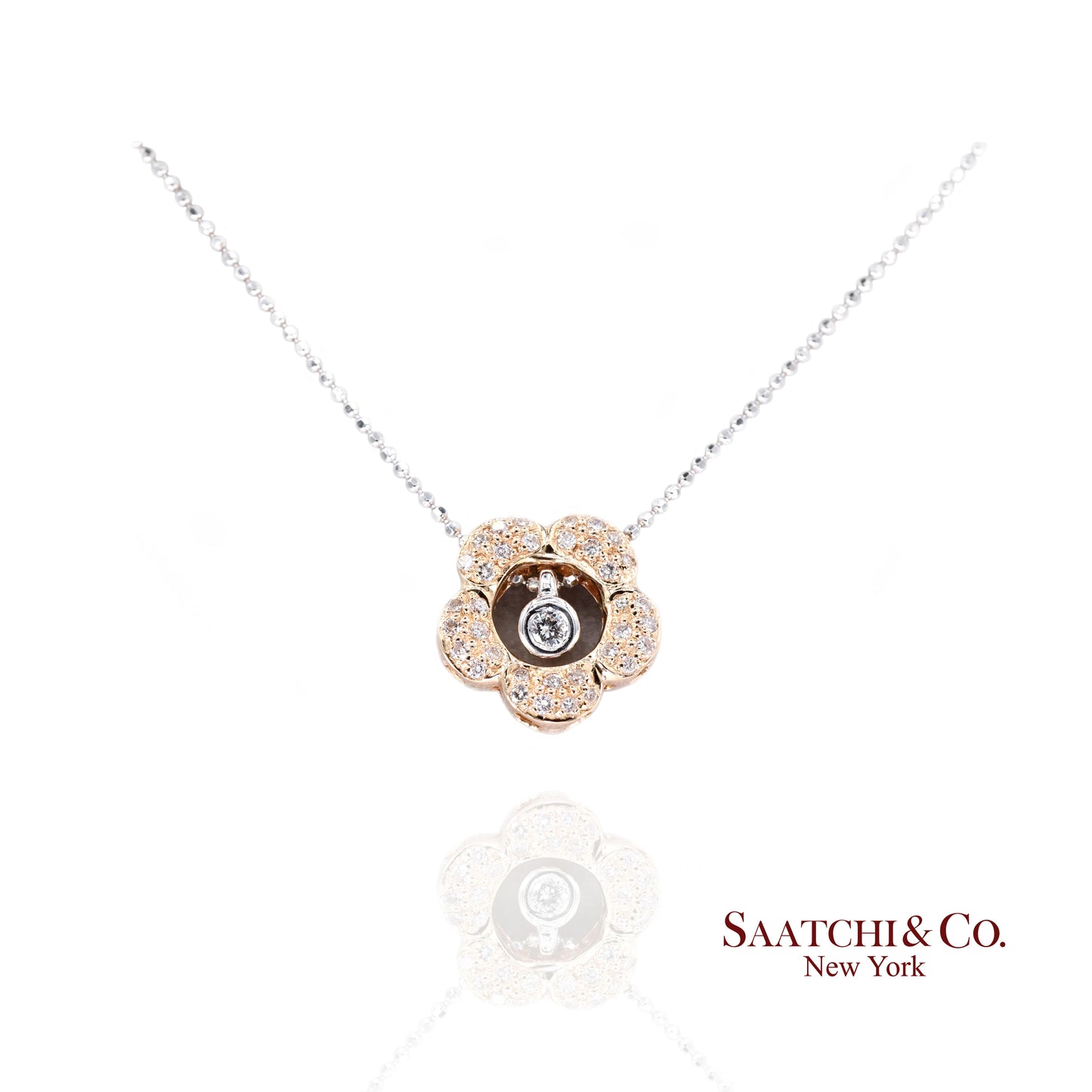 18K 750 Two Tone Rose and White Gold Natural Diamond Flower Pendant with Chain