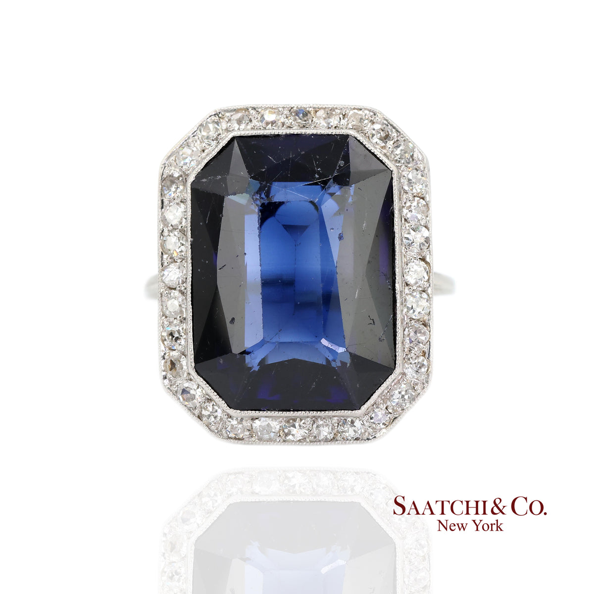 Vintage 18k White Gold Synthetic Sapphire and Natural Diamond Milgrain Ring