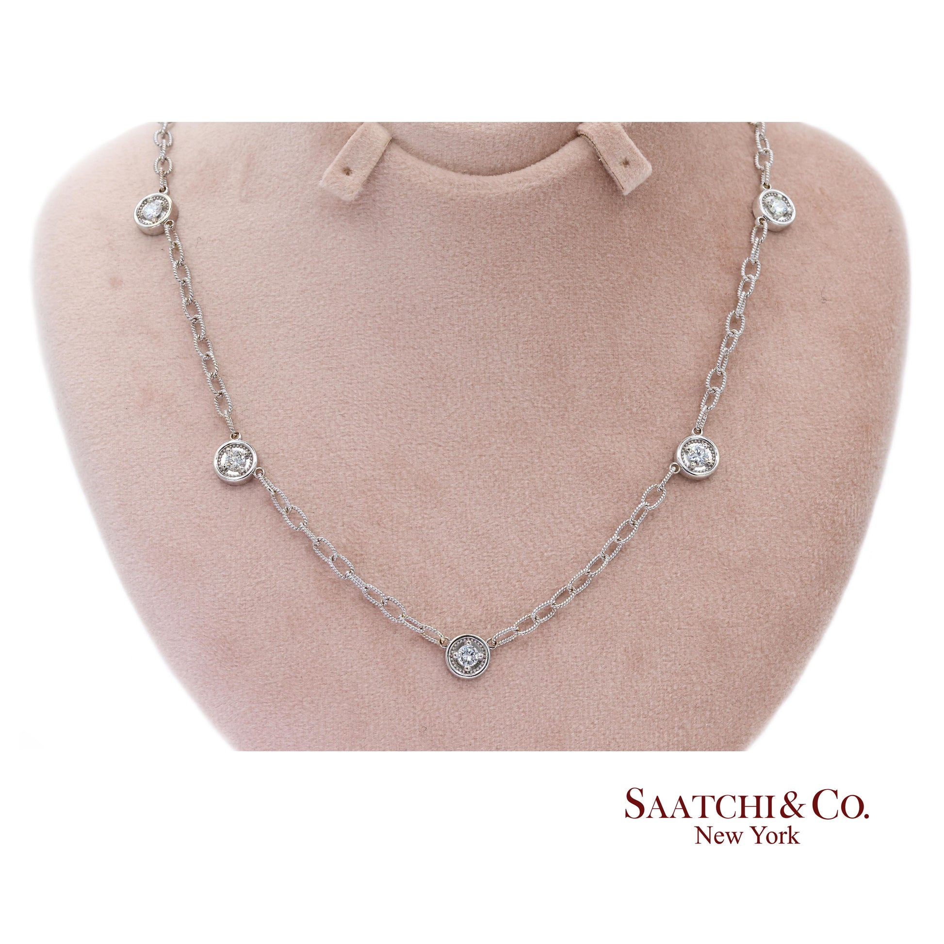 14k Diamond Station Necklace Womens 18in White Gold Minimalist Dainty Chic