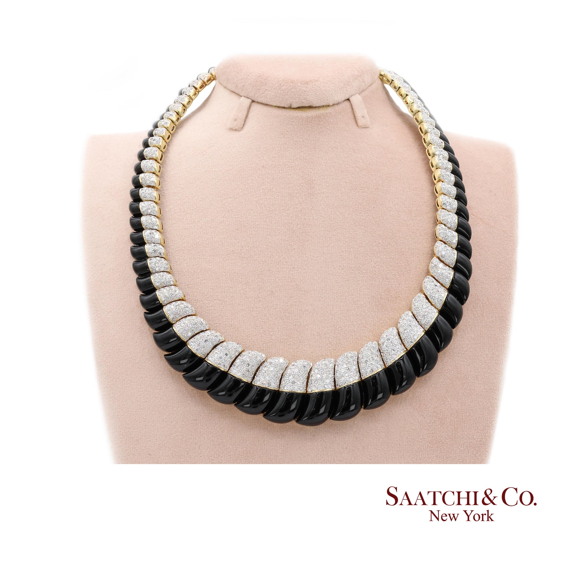 18K White & Yellow Gold Black Natural Onyx Necklace with Natural White Diamonds