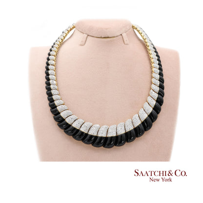 18K White & Yellow Gold Black Natural Onyx Necklace with Natural White Diamonds