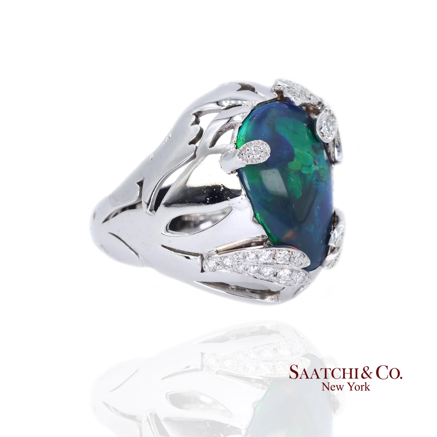 18K (750) White Gold Natural Pear Opal and Diamond Wide Ring