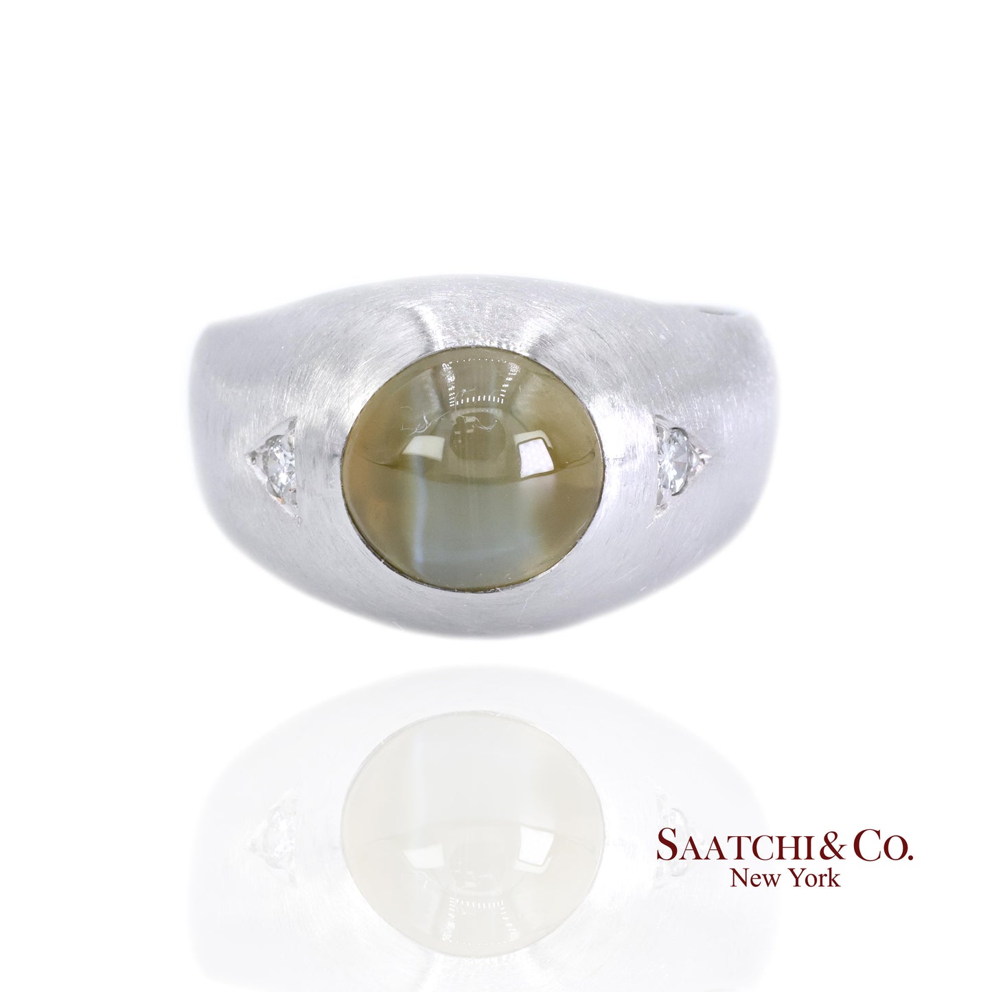 Platinum 950 Natural Chrysoberyl Cat's Eye and Natural Diamond Ring