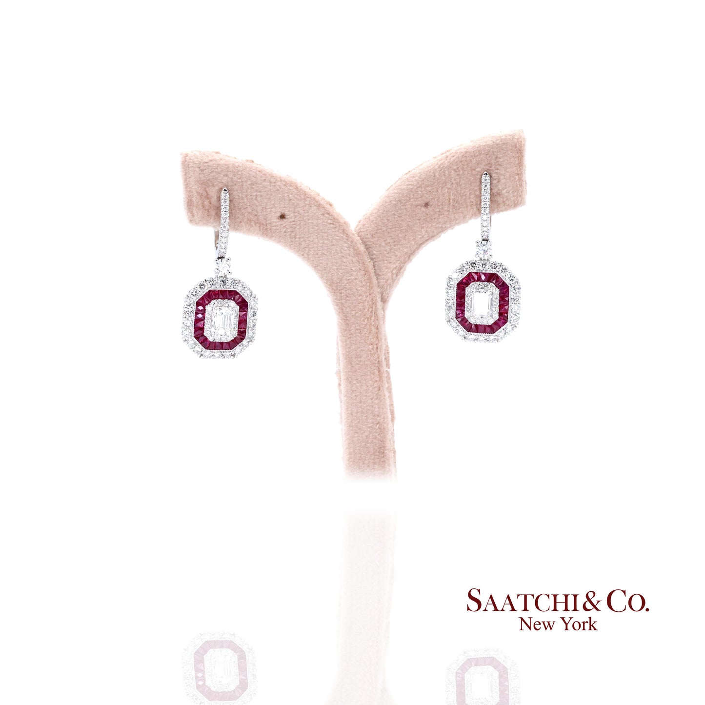 Platinum 950 Dangling Natural Ruby and Diamond Earring