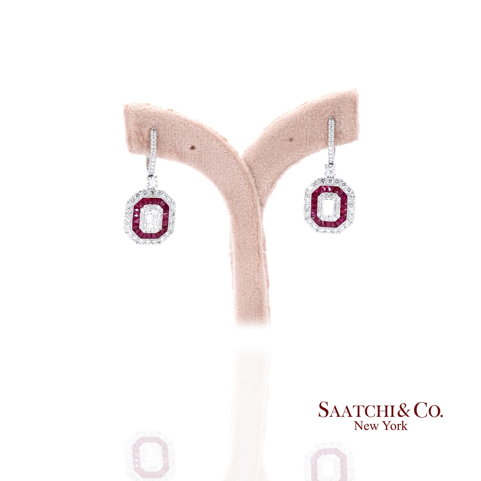 Platinum 950 Dangling Natural Ruby and Diamond Earring