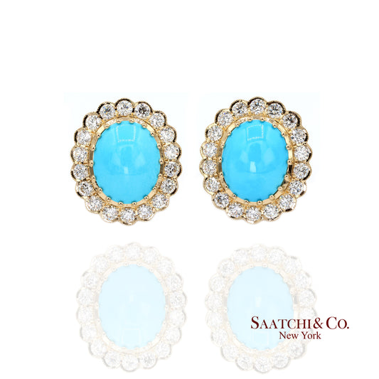 18K Natural Persian Turquoise Diamond Earrings Women Omega Back Style