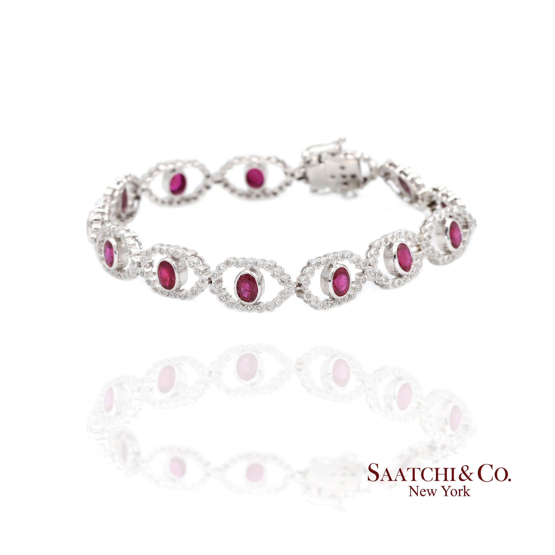 18k (750) White Gold Natural Ruby and Diamond Milgrain Bracelet
