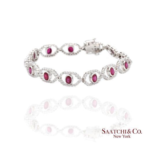 18k (750) White Gold Natural Ruby and Diamond Milgrain Bracelet