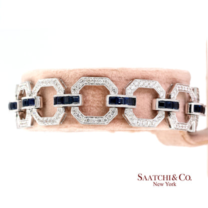 18k Sapphire Diamond Bracelet Womens White Gold 7.42in Milgrain Art Deco