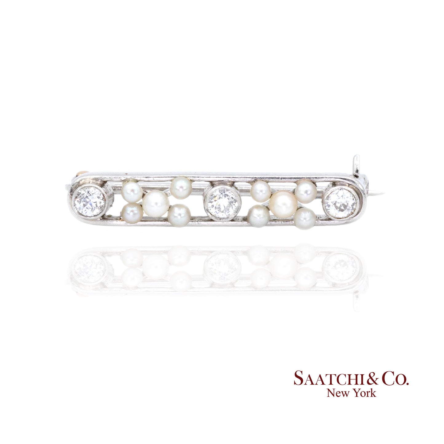 Platinum 950 Natural Round Pearl and Natural Diamond Brooch / Pin