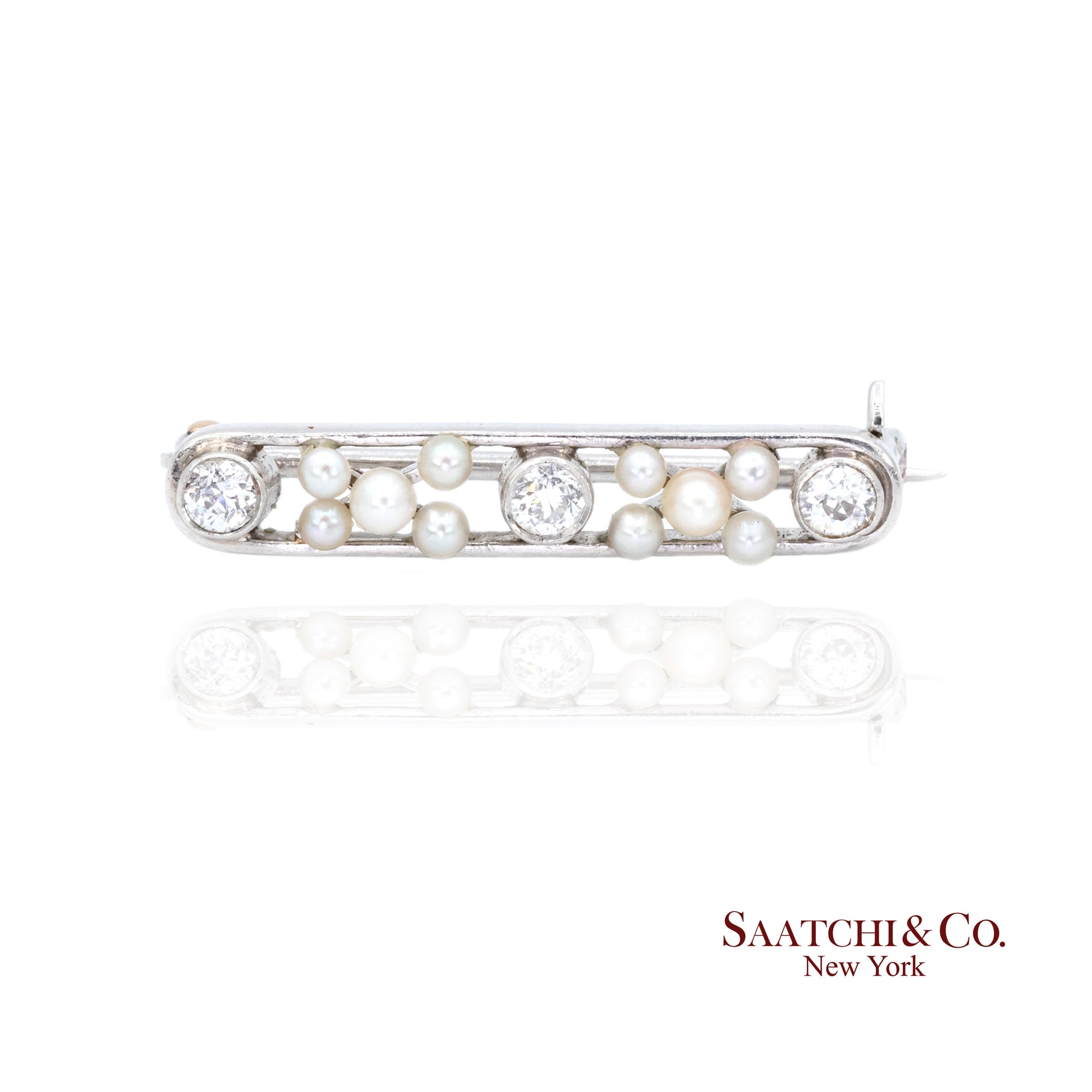 Platinum 950 Natural Round Pearl and Natural Diamond Brooch / Pin
