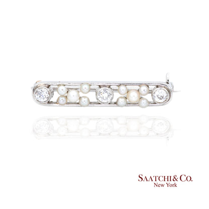 Platinum 950 Natural Round Pearl and Natural Diamond Brooch / Pin