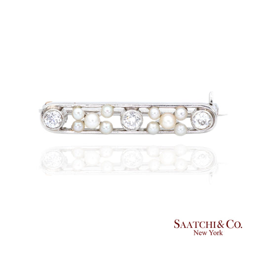 Platinum 950 Natural Round Pearl and Natural Diamond Brooch / Pin