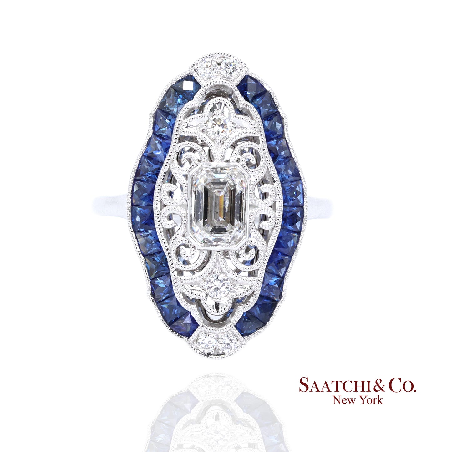 Elegant 18K White Gold Natural Diamond and Blue Sapphire Ring