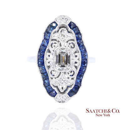 Elegant 18K White Gold Natural Diamond and Blue Sapphire Ring