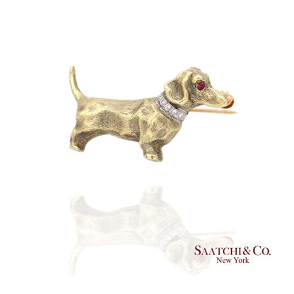 14k (585) Yellow Gold Natural Diamond Dachshund Brooch / Pin