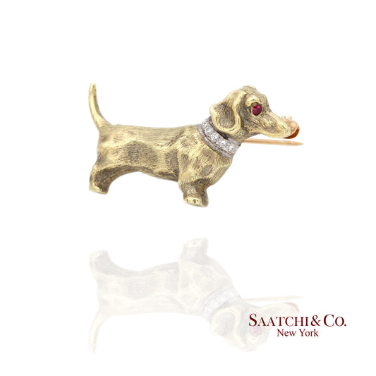 14k (585) Yellow Gold Natural Diamond Dachshund Brooch / Pin