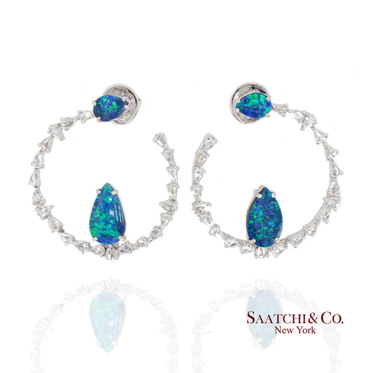 18K (750) White Gold Natural Diamond and Natural Opal Earring