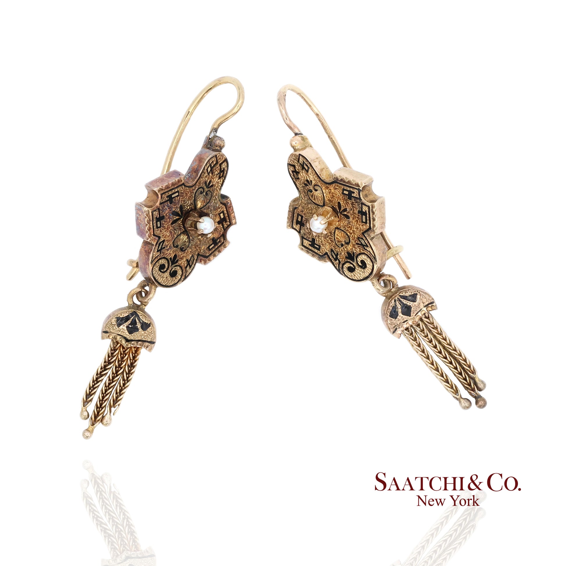 14K Yellow Gold Pearl Enamel Dangling Earring