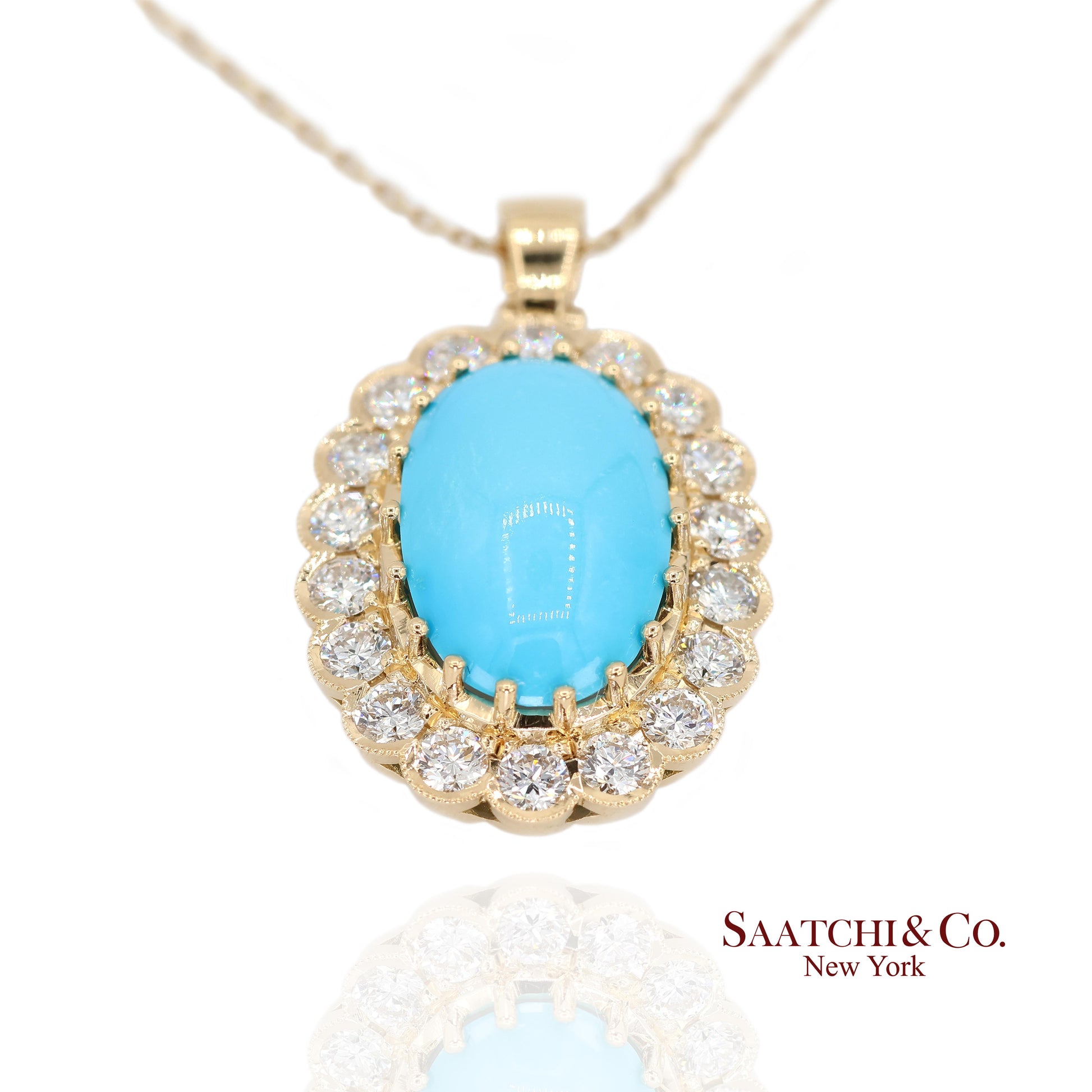 18k Persian Turquoise and Diamond Pendant Womens Yellow Gold Oval Cabochon