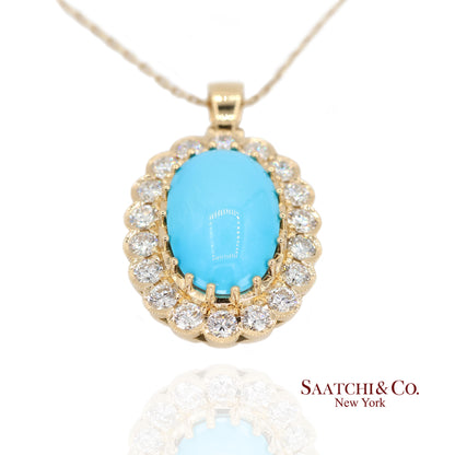 18k Persian Turquoise and Diamond Pendant Womens Yellow Gold Oval Cabochon