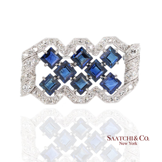 Platinum Diamond Sapphire Brooch Womens Vintage Art Deco Royalcore Estate