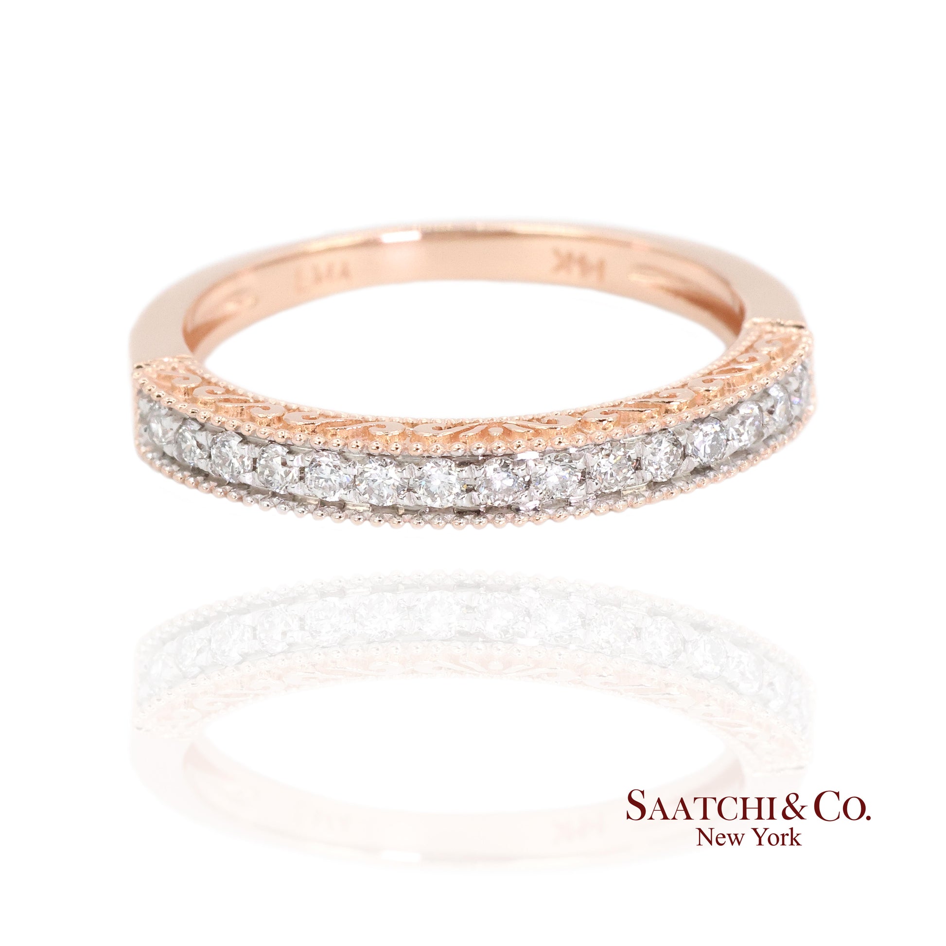 14K (585) Rose Gold Natural Diamond Engraved Band Ring
