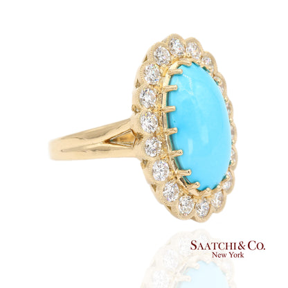 Persian Turquoise Diamond Ring Women Size 7 18K Yellow Gold Glam Luxe