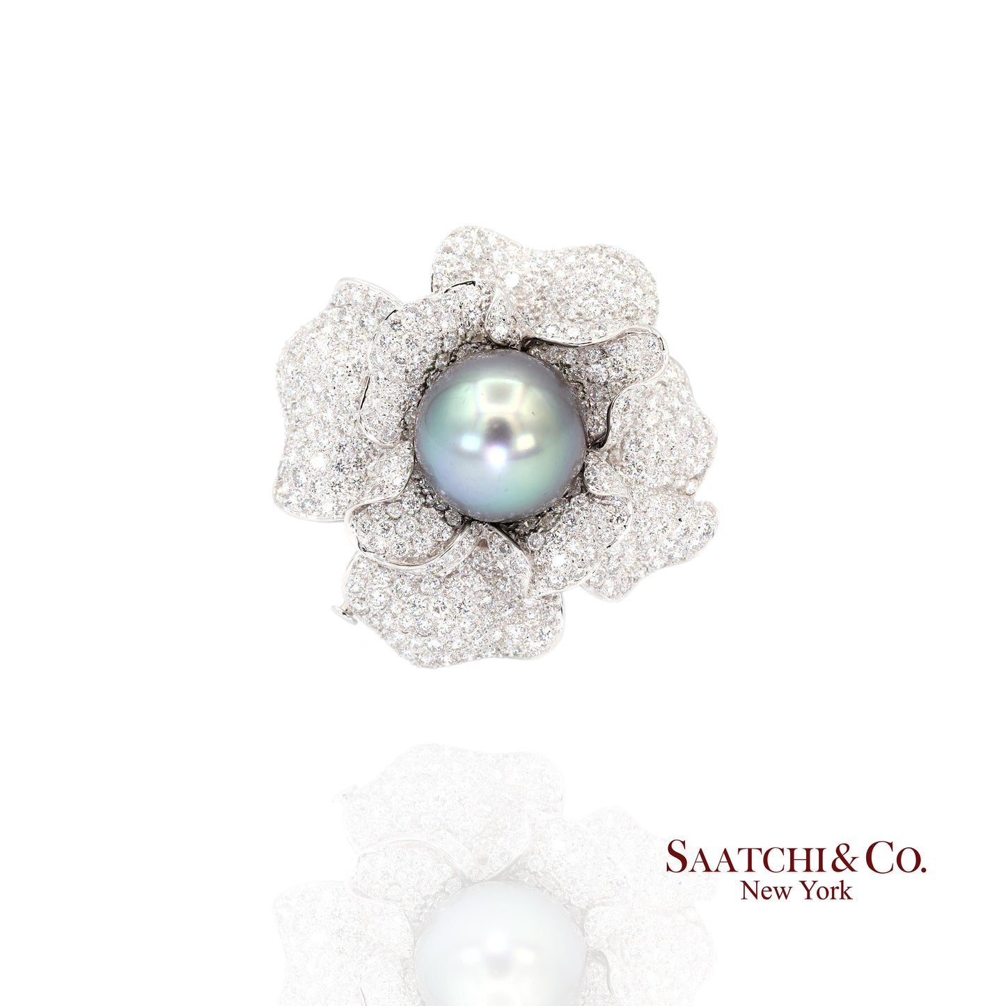 18K(750) White Natural Diamond and Black Pearl Brooch/Pin/Pendant/Necklace