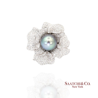 18K(750) White Natural Diamond and Black Pearl Brooch/Pin/Pendant/Necklace