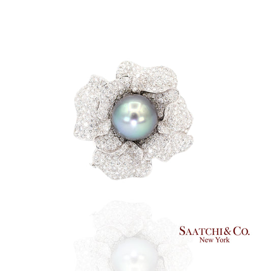 18K(750) White Natural Diamond and Black Pearl Brooch/Pin/Pendant/Necklace