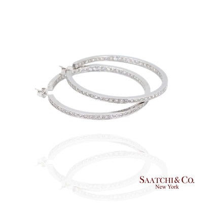18K(750) Solid White Gold Natural Diamond Hoop Earrings In and Out Diamond