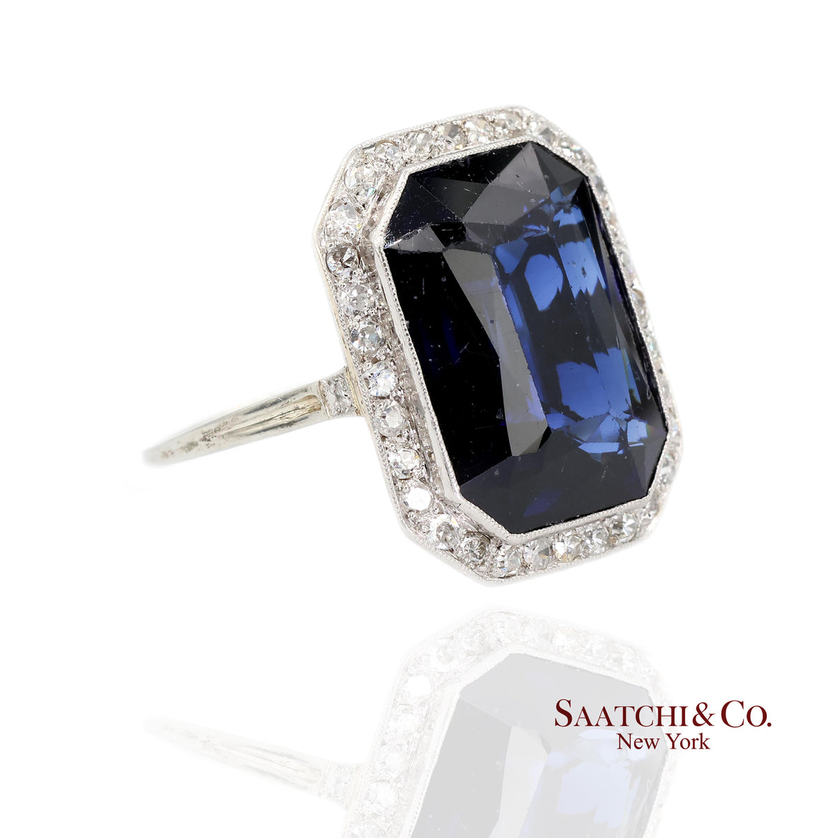 Vintage 18k White Gold Synthetic Sapphire and Natural Diamond Milgrain Ring